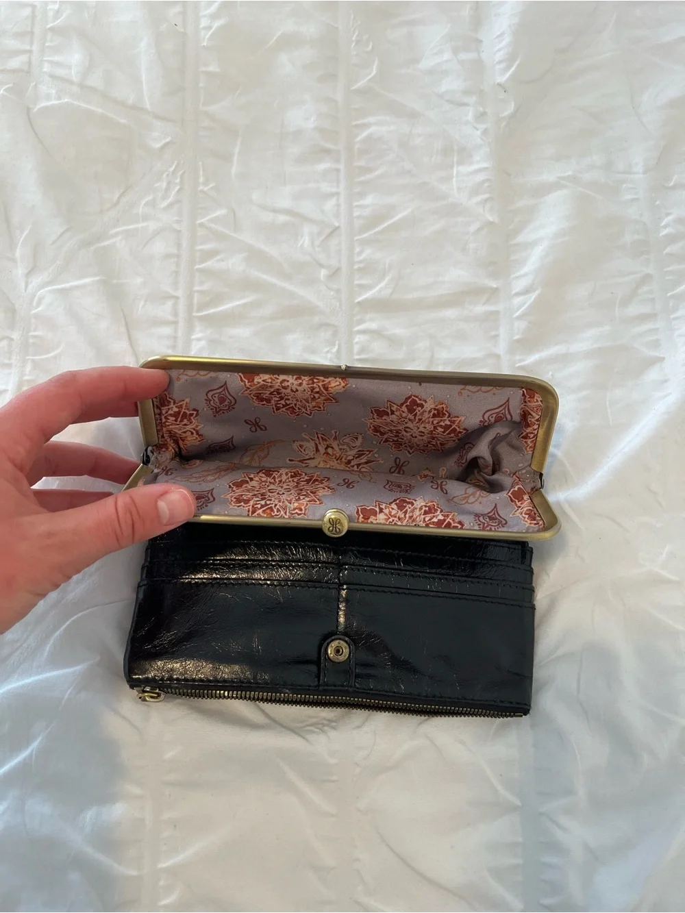 HOBO Black Leather Kiss-Lock Clutch Wallet with Gold-Tone Frame